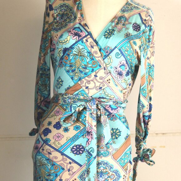 Multicolor silk aqua  tan wrap dress with Pucci perfect for work & play sz L - Picture 3 of 4